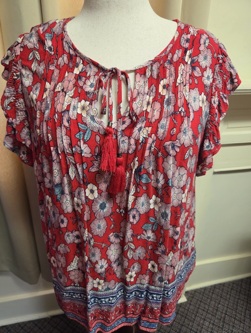 Feelib Floral Tassel Tie Red Peasant Top Size Xl